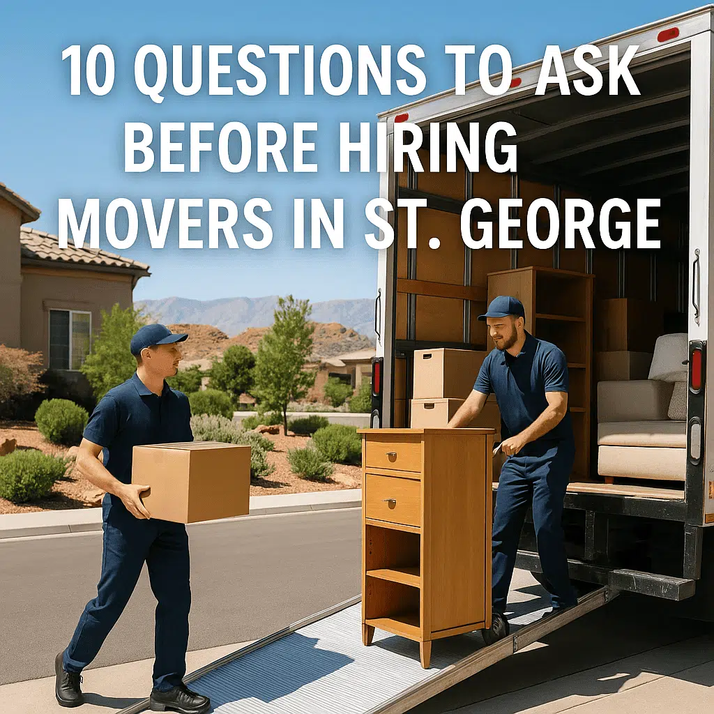 10 Essential Questions to Ask Before Hiring Movers in St. George (2025 Guide) 1 Professional movers loading a truck in St. George, Utah, on a sunny day with red rock views.