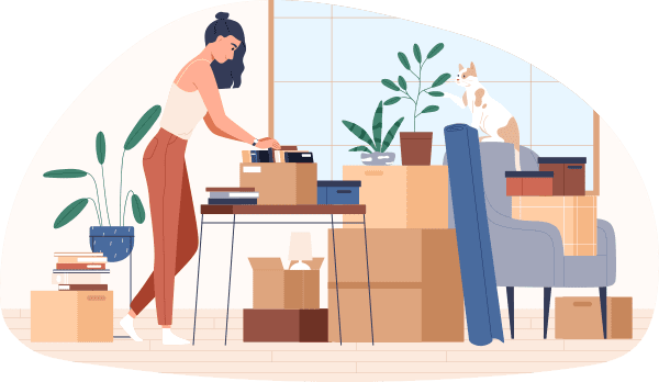 Cartoon graphic of woman packing boxes.