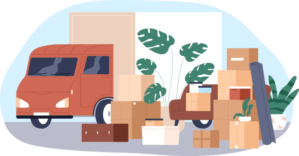 Cartoon graphic of boxes and moving truck.
