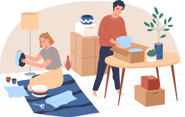 Cartoon graphic of people packing boxes.