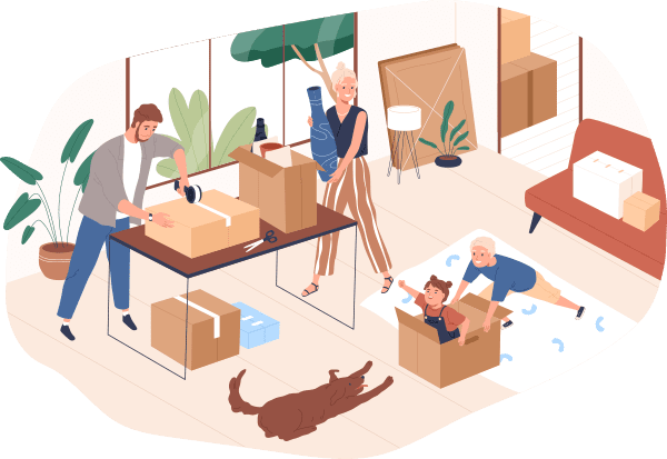 Cartoon graphic of family happily packing boxes.