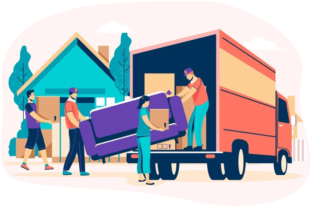 Graphic of moving team loading boxes and a sofa into a moving truck.